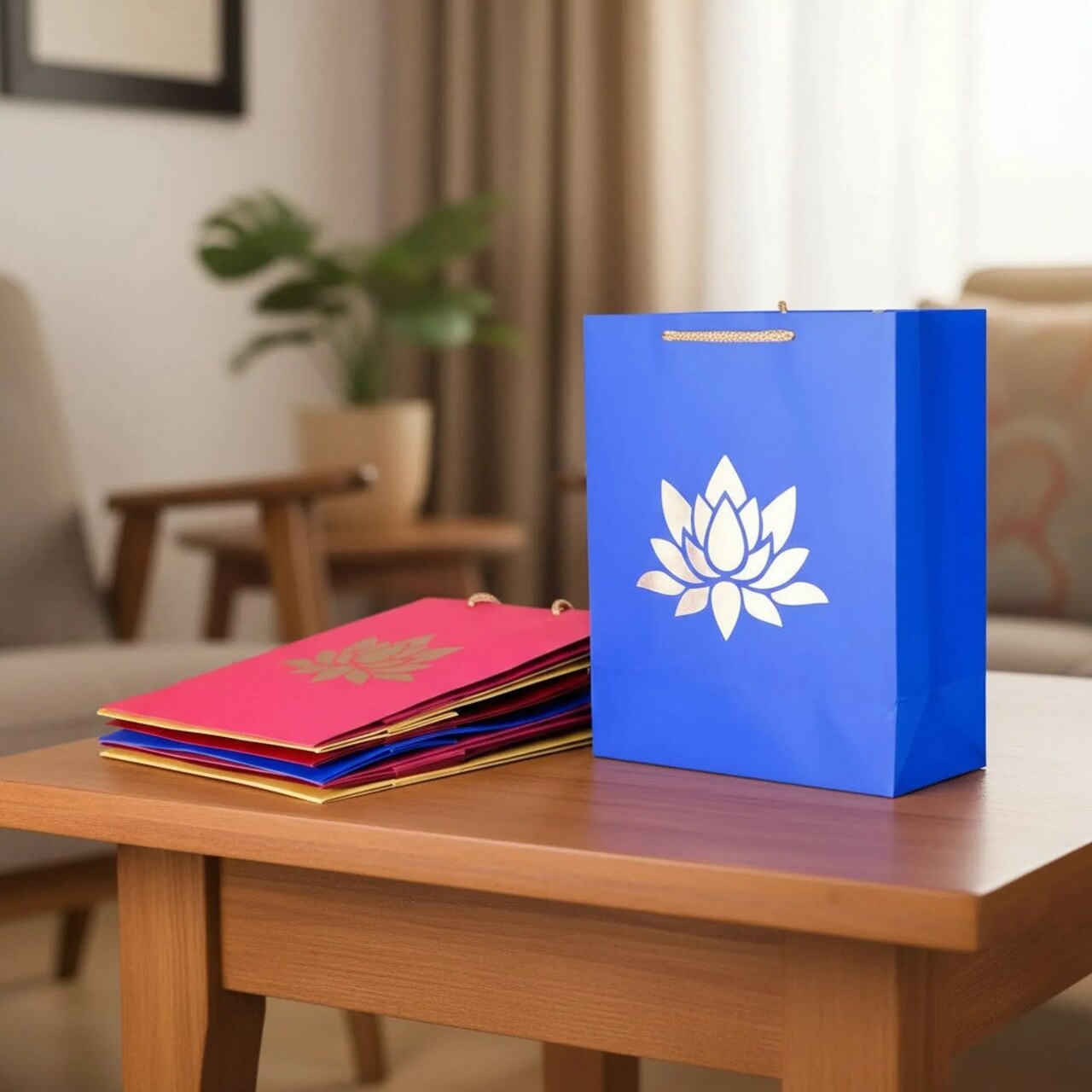 Lotus Paper Carry Bags Indian Gift Bag for Wedding Housewarming Diwali Return Gifts Party Favor Goodie Bags - 8x4x10 Inch